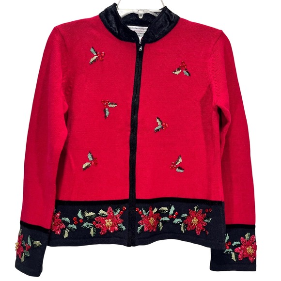 VTG Y2K Sweater Poinsettia Beaded Sequins Red Black Zip Up...